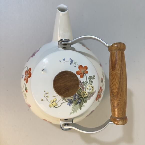 VTG Enamel White Stovetop Tea Pot Kettle Wood Handle Flowers Cottage Garden - Picture 5 of 8